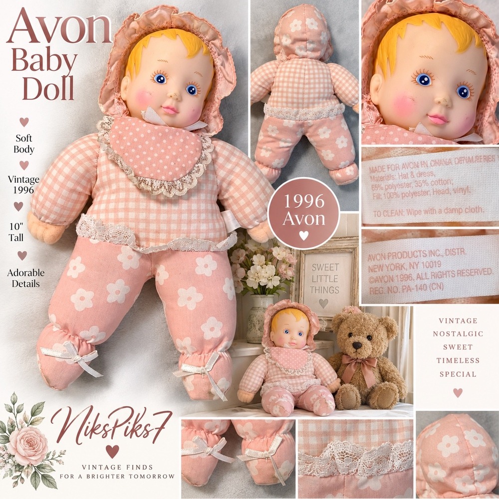 Vintage 1996 Avon Baby Doll 10" Pink Gingham Floral Soft Body Blonde Blue Eyes